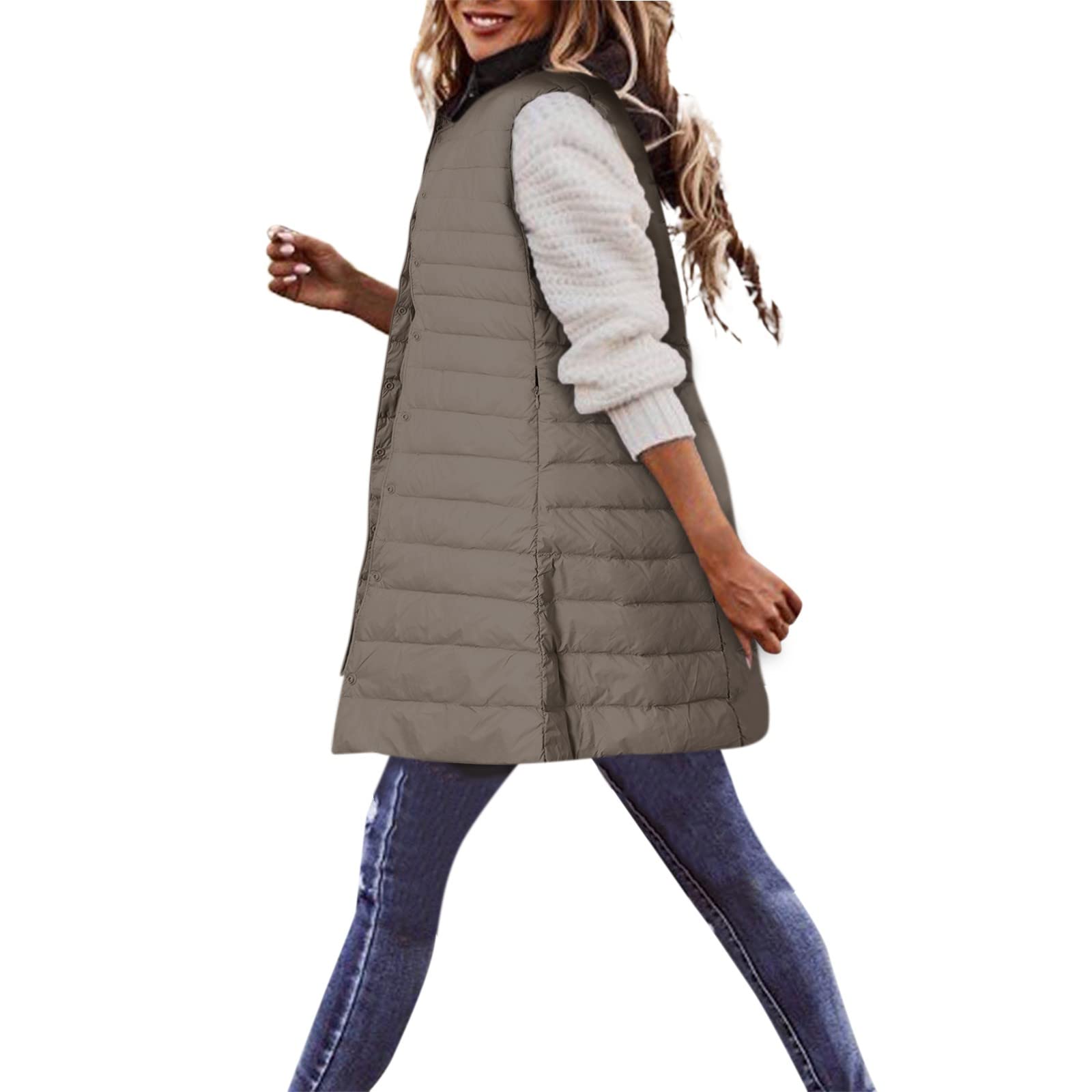 Generisch Giubbotto invernale lungo da donna, piumino sottile e leggero, casual, vestibilità aderente, giacca trapuntata per le mezze stagioni, gilet versatile con pratiche tasche (cachi, M)