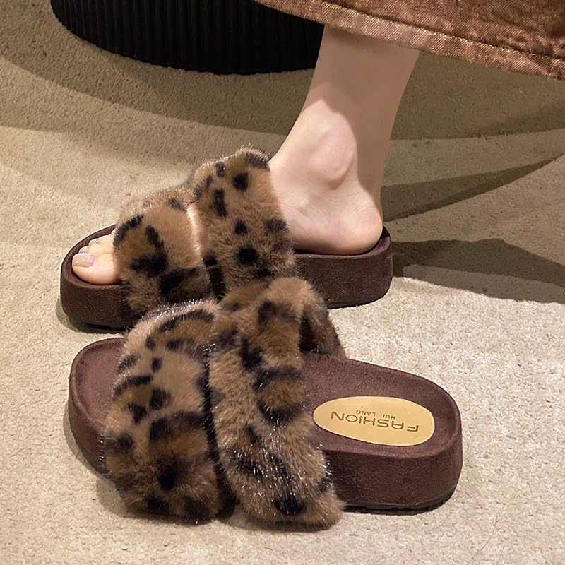 ZQW Leopard Fuzzy Slides Women Plush Chunky Platform Slippers Strappy Sandals Y2K Cute Cozy Casual Walking Shoes Outdoor2