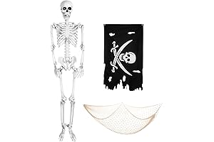 Halloween Pirate Decor: Spooky Skeleton, Authentic Jack Rackham Flag, and Flowing Fishnet
