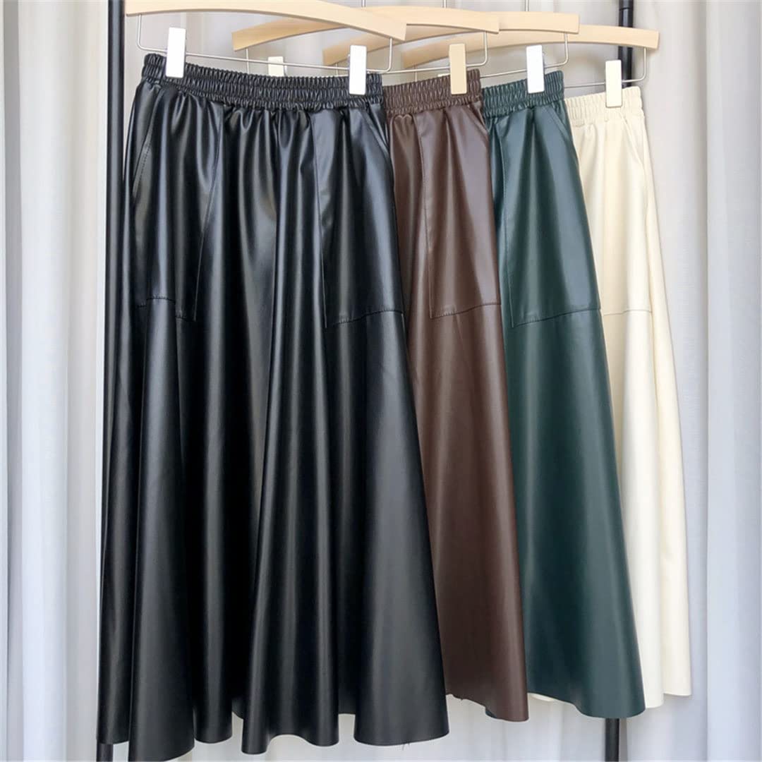 Faldas de Cuero sintético para Mujer, con Bolsillos, Cintura Alta elástica, Corte en A, Falda Larga Acampanada para Mujer (Talla única Negra)