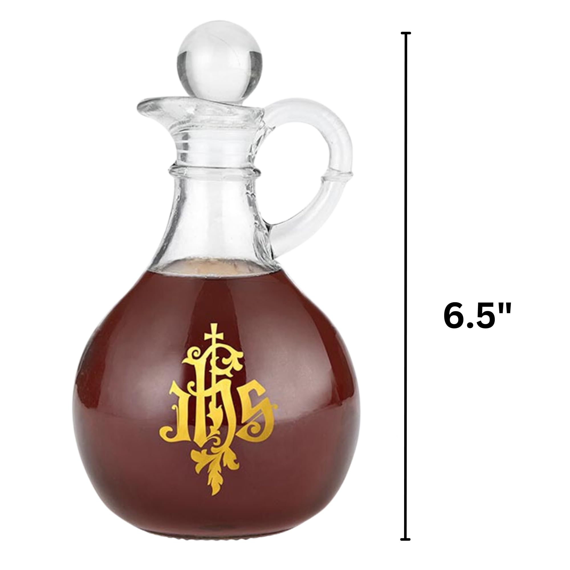 Needzo IHS - Juego de vinagrera de vidrio, dispensadores religiosos de botellas, suministros de iglesia católica, 6.5 pulgadas (2 incluidos)
