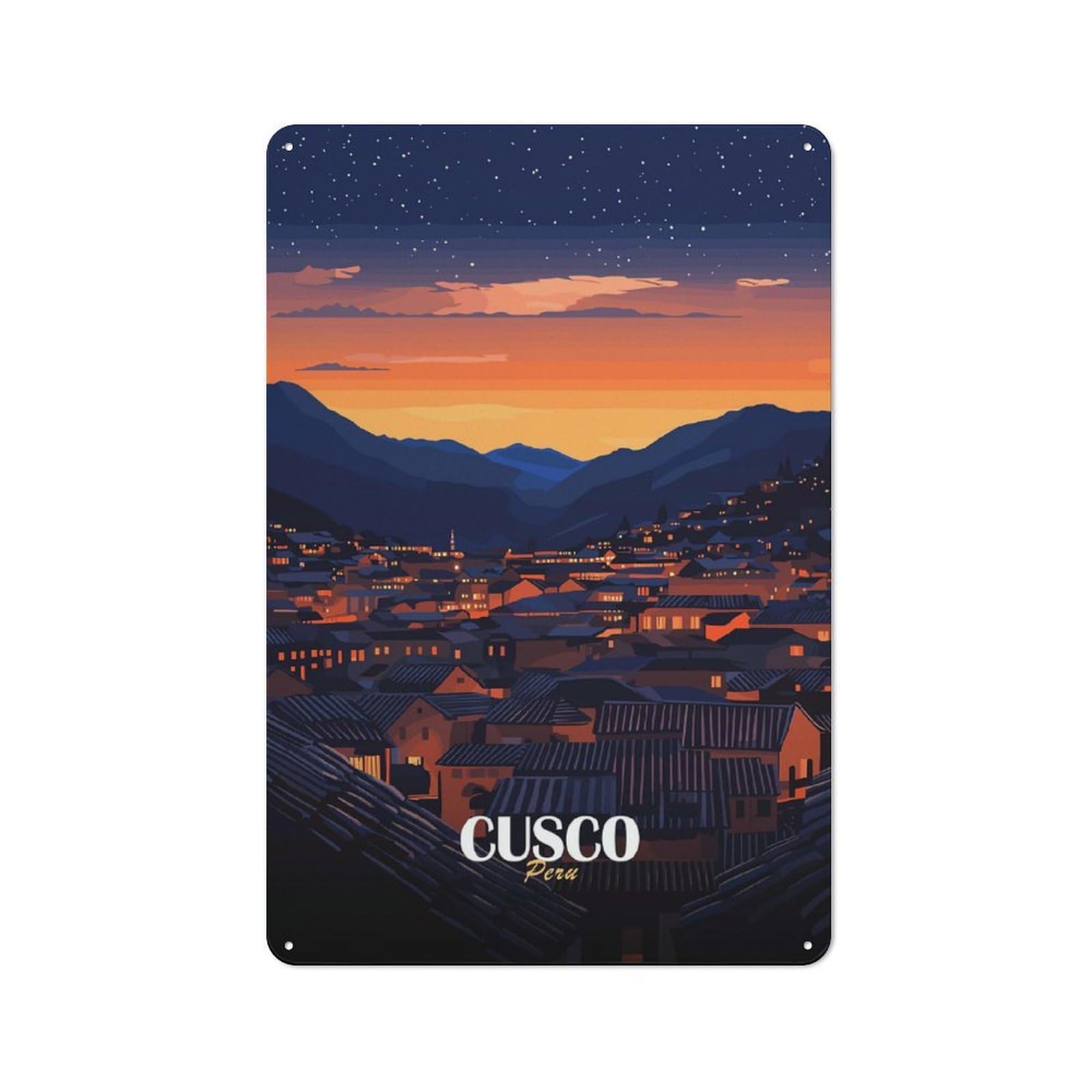 Vintage Tin Sign 30x20cm Featuring Cusco, Peru at Nightfall, Porch Wall Decor for Patio Bar, Workshop, Shed Or Kitchen