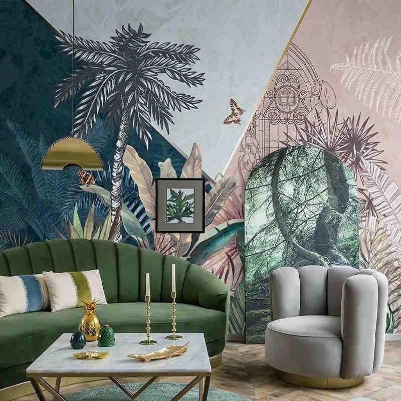 Nórdico pintado a mano plantas tropicales 3D geométrico selva tropical palmera Mural sala De estar TV Fondo Papel De pared Papel De pared
