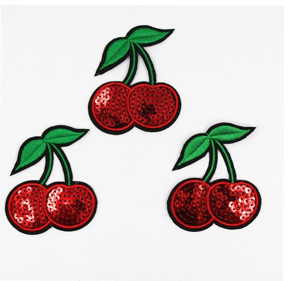 Onsinic 10pcs Embroidered Patches Cherry Sequins Fruit Iron on Patch Sew Applique Motif Badge for Garment