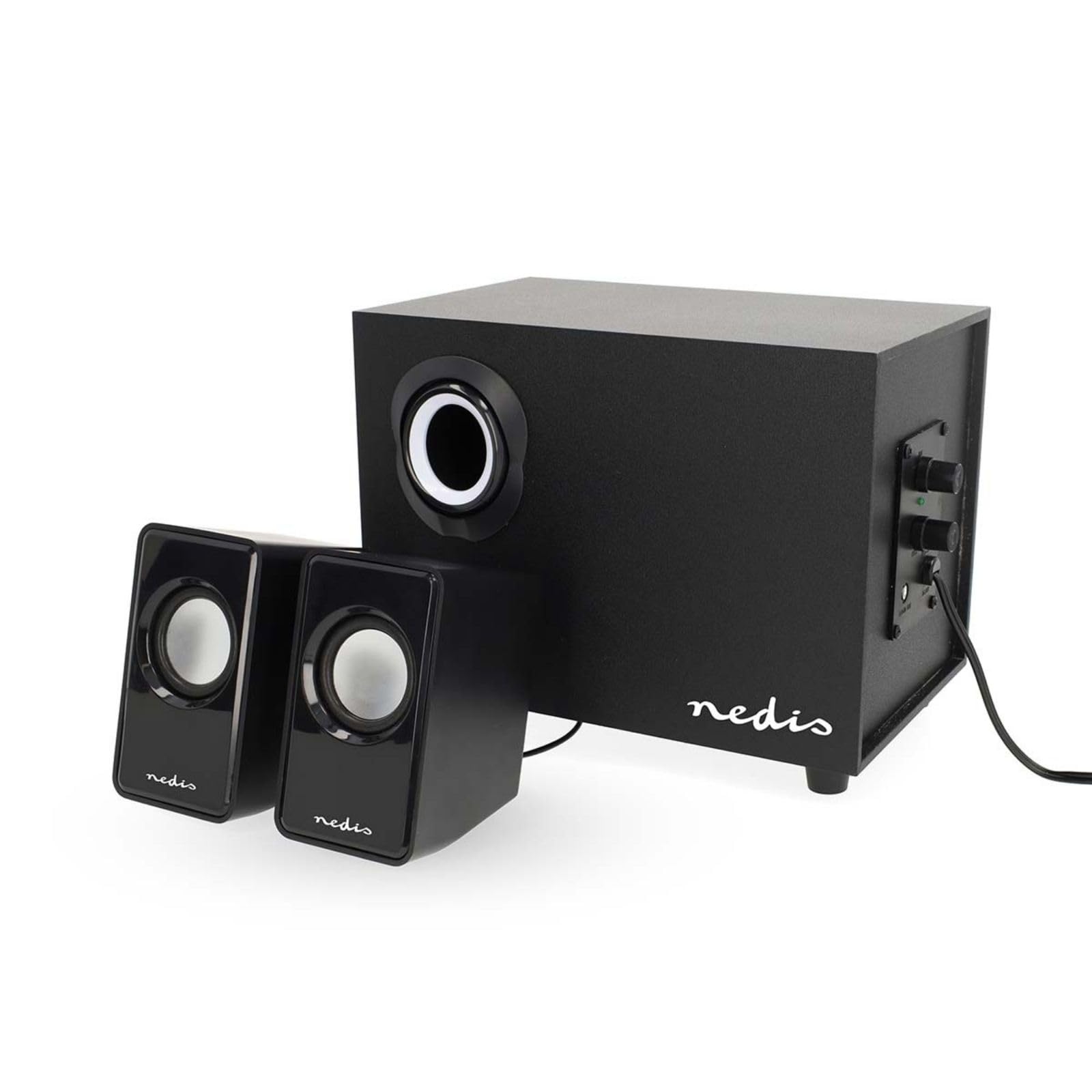 Nedis - Altavoces para PC - Alimentado por USB - Subwoofer - Conectores de Entrada: 1x 3,5 mm - Sonido estéreo 2.1 - Conjuntos de Altavoces de 33 W - ABS/Madera - Negro
