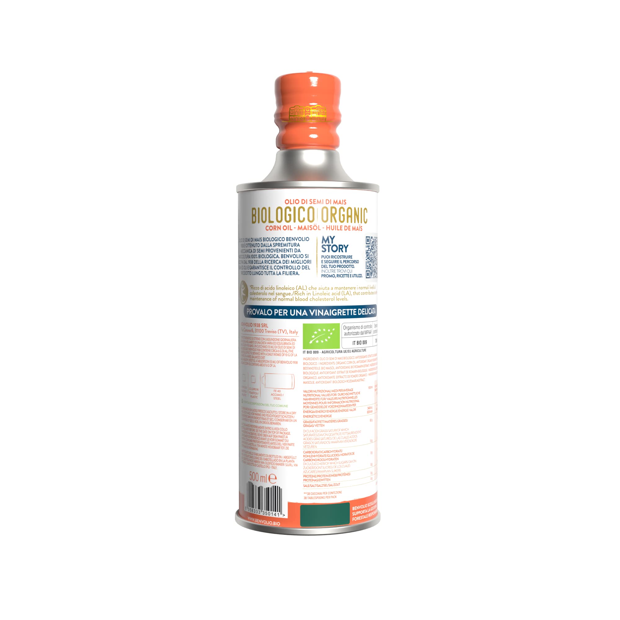 Maisöl BIO - Benvolio 1938 BIO | 500ml - Reich an Linolsäure, Maiskeimöl Bio, Bratöl, Frittieröl ORGANIC CORN OIL