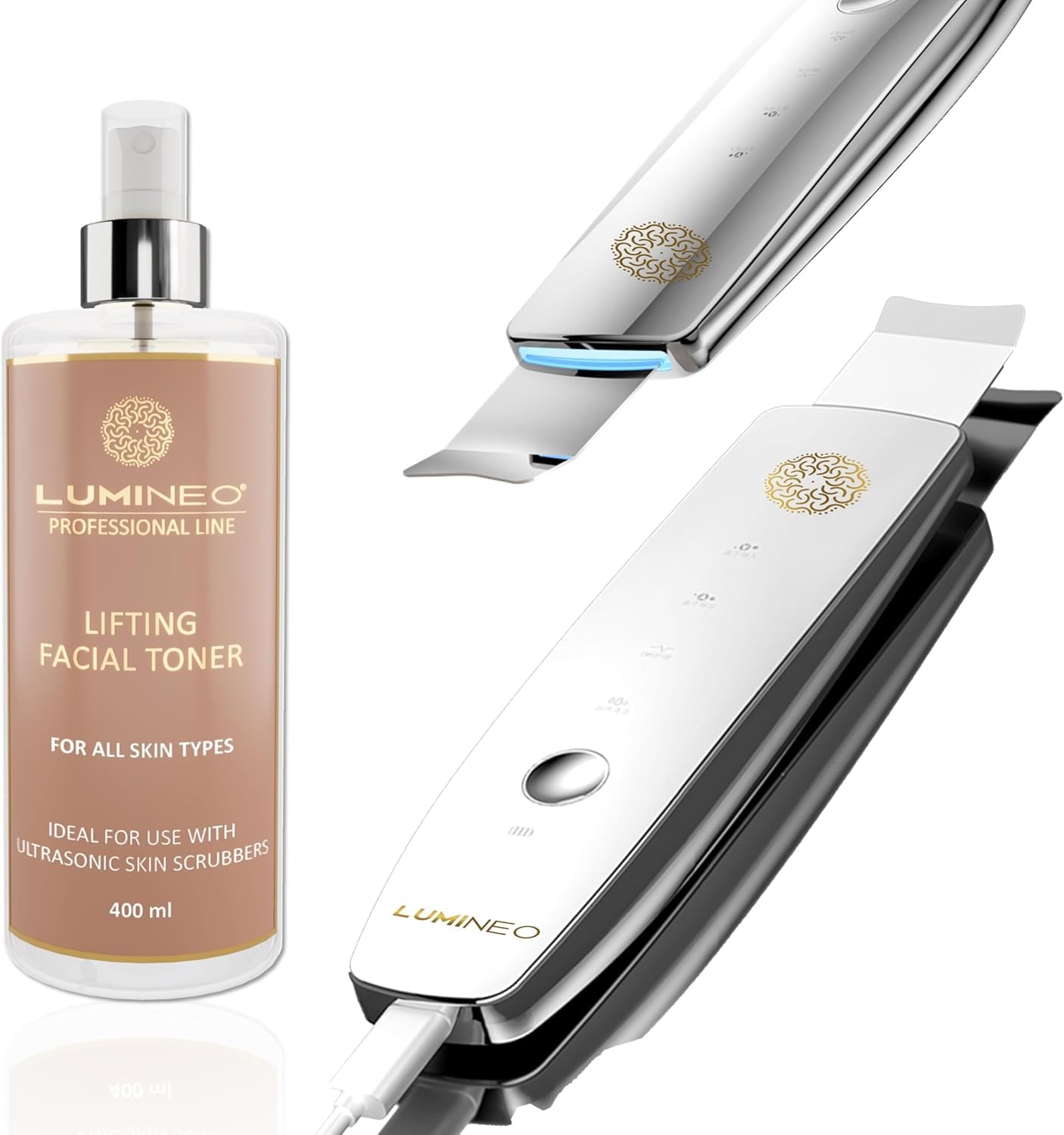 Appareil de gommage à ultrasons Lumineo avec 4 fonctions : ultrasons, ions, EMS, LED, élimine les points noirs, l'acné, nettoie les pores, exfolie, Skin Scrubber avec 400ml de toner (Lifting)
