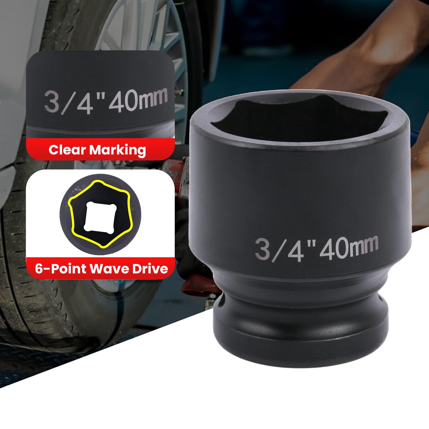 Deep 6-Point Impact Socket 3/4" Drive 40mm,Chrome Molybdenum Steel, Anti-Rust Metric Hex Socket for Car Repairs and Impact Wrench - Image 3