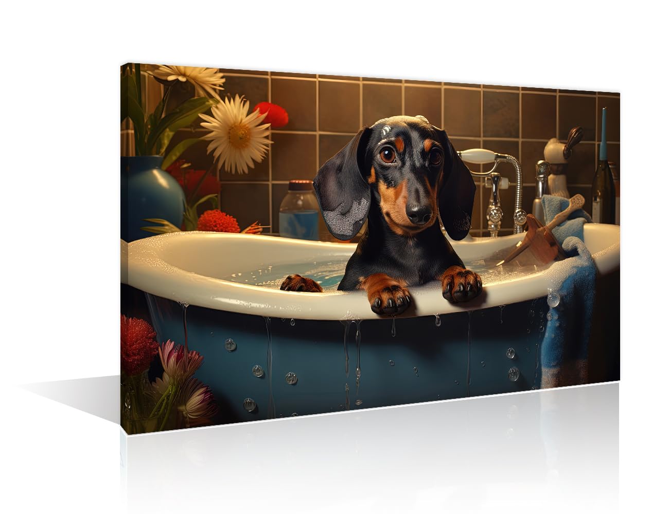 Dog Having Bath in a Basin Canvas Paintings Wall Art for Living Room 1 Piece Bathtub Animal Dog Bathroom Decor Wall Art Farmhouse Animals Bathroom Pictures Wall Art Framed Ready to Hang (24"Wx36"H) โ image 1