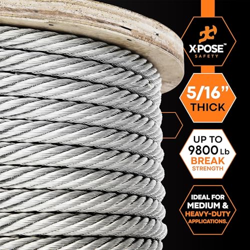Image of Xpose Safety 5 /16 inch Galvanized Steel Aircraft Cable Wire - 250 ft Reel, 7x19 Strand, 9,800 lb Break Strength - for Pulley System, Winch, Marine, Deck Railing, Fencing, Zipline