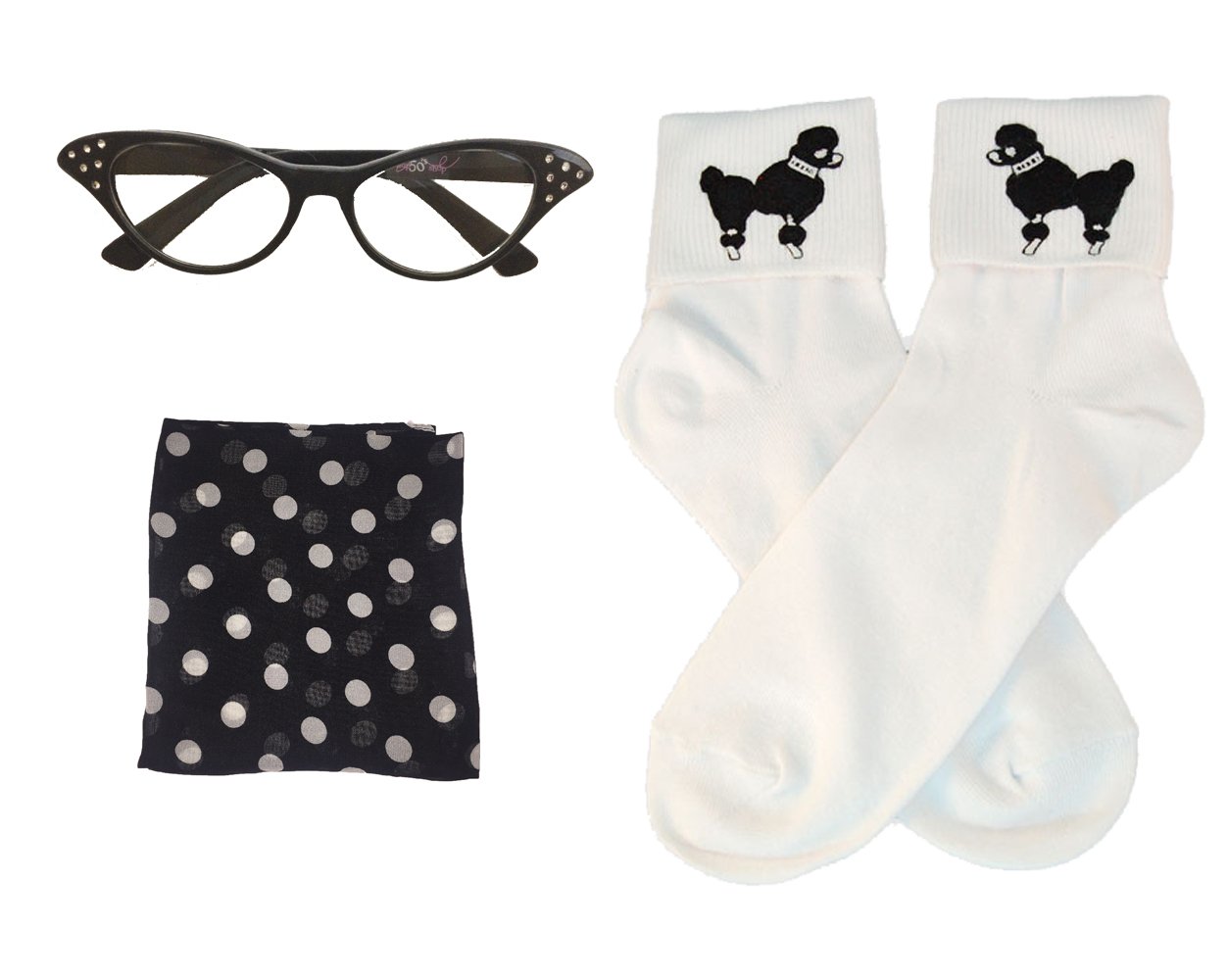 Hip Hop 50's ShopHip Hop 50's Shop Adult 3 Piece Accessories - Adult size Black Polka Dot Glasses, Socks and Scarf