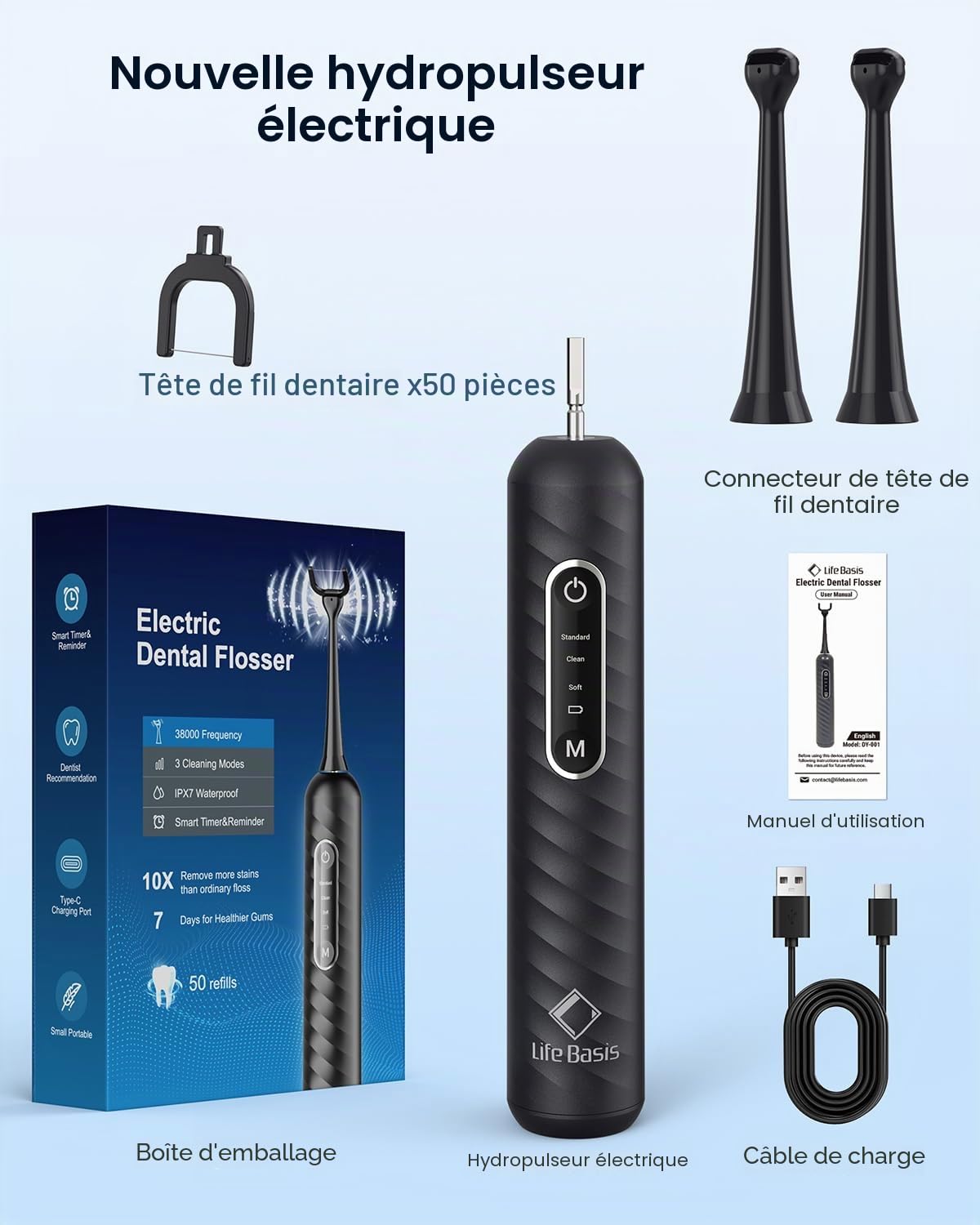 LifeBasis Fil Dentaire Électrique Rechargeable, Fils Dentaire avec 50 Têtes de Rechange Réutilisables et Étanche IPX7, Alternative Compacte au Jet Dentaire, Idéal pour Adultes et Voyage