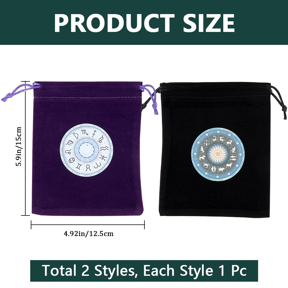CREATCABIN 2Pcs Tarot Bags Tarot Cards Pouches Tarot Deck Holder Storage Tarot Pouches Velvet Bags with Drawstrings Black Purple The Zodiac Wrap Bags for Jewelry Crystals Altar Rune Gift 5x6Inch - Image 2