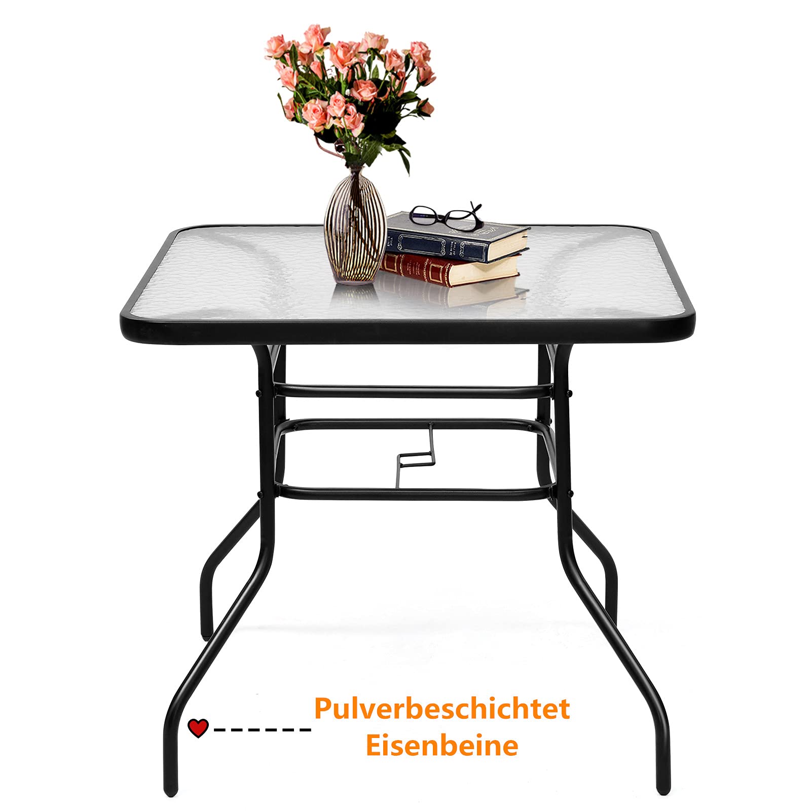 RELAX4LIFE Beistelltisch Metallrahmen, Gartentisch mit Schirmständerloch, Bistrotisch mit Glasplatte, Glastisch für Garten & Balkon & Terrasse, Balkontisch wetterfest, bis 80 kg belastbar (rechteckig)