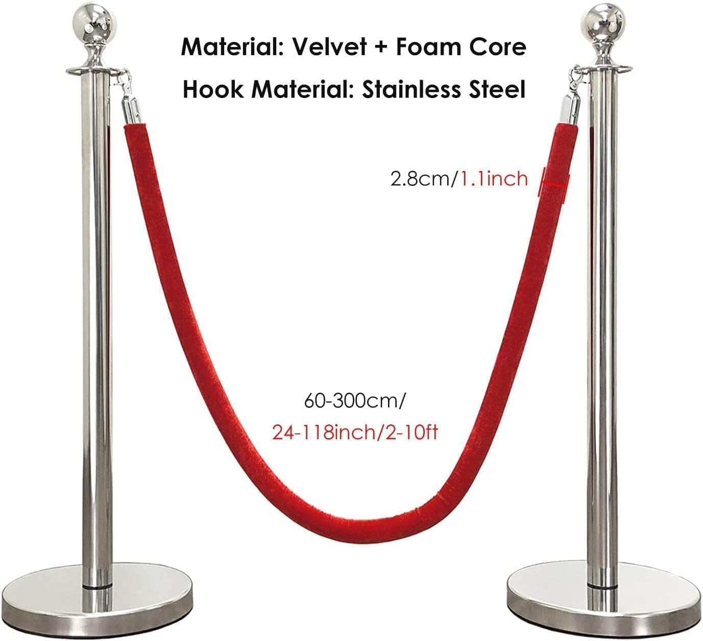 Paquete de 2 cuerdas colgantes de 60 cm, color rojo con gancho plateado, divisor de colas VIP, control de multitudes para hoteles, conciertos, teatros
