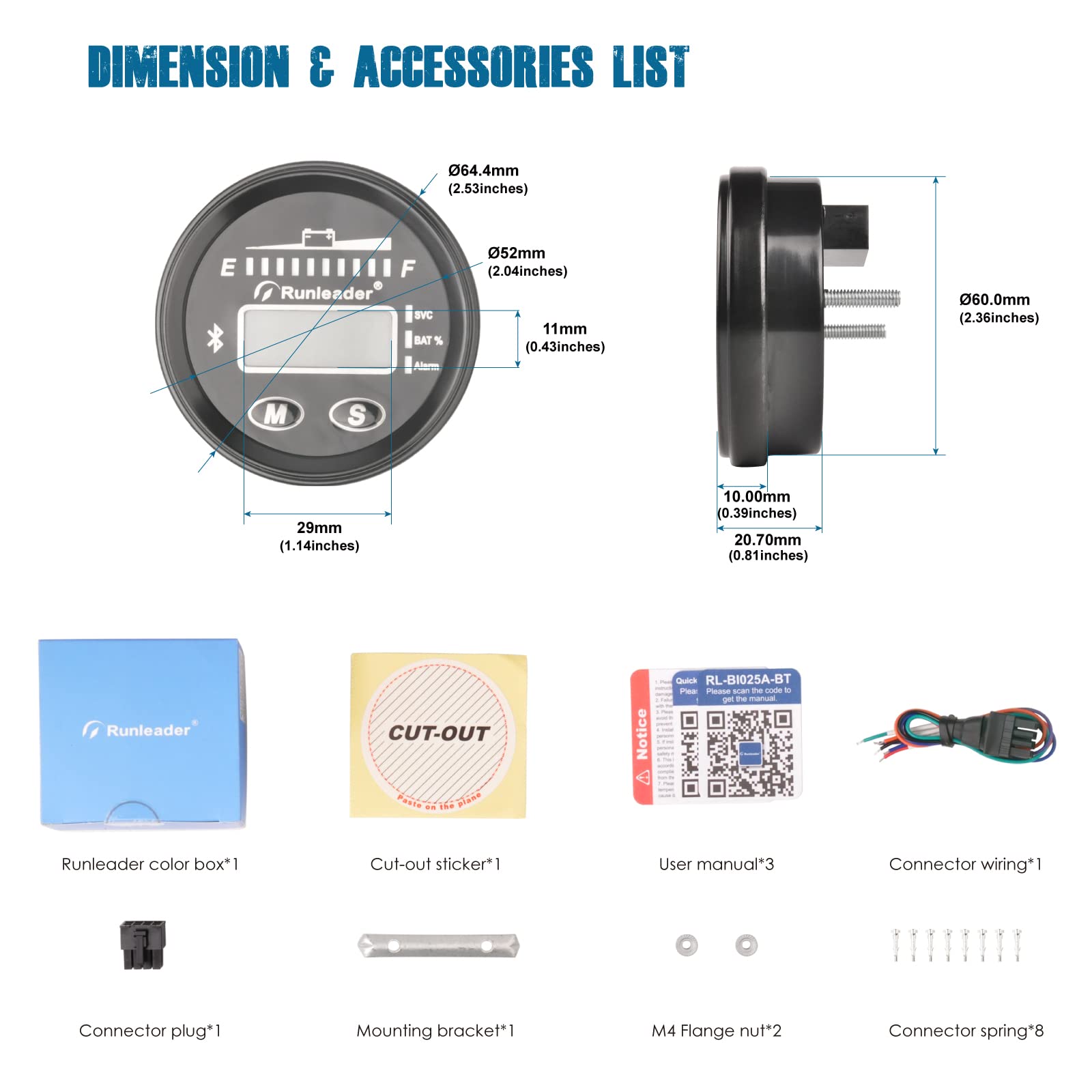 Runleader da 12V a 48V indicatore della Batteria LED Bluetooth, Registrazione delle Ore di Funzionamento per Piombo Acid Trojan Gel di Litio AGM LiFePO4 Batteria