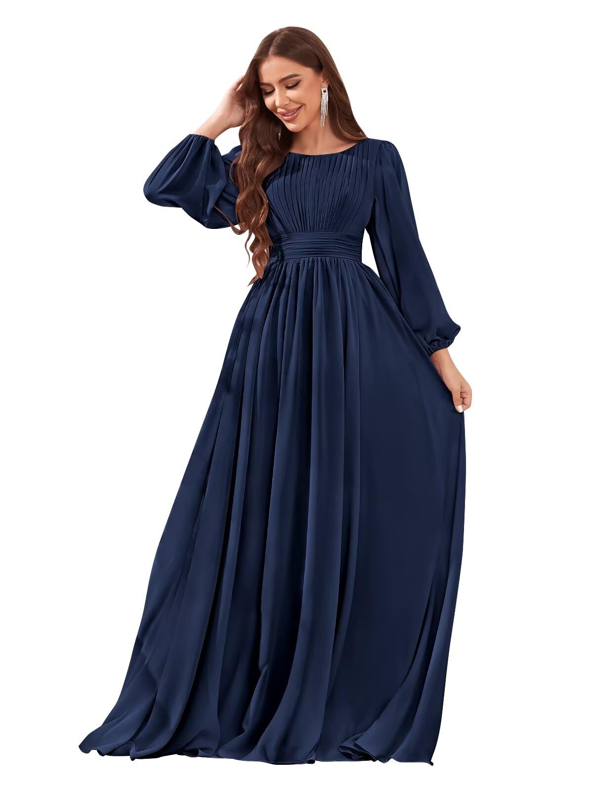 Long Sleeve Chiffon Bridesmaid Dresses for Women A-line Pleated Wedding Formal Evening Dress