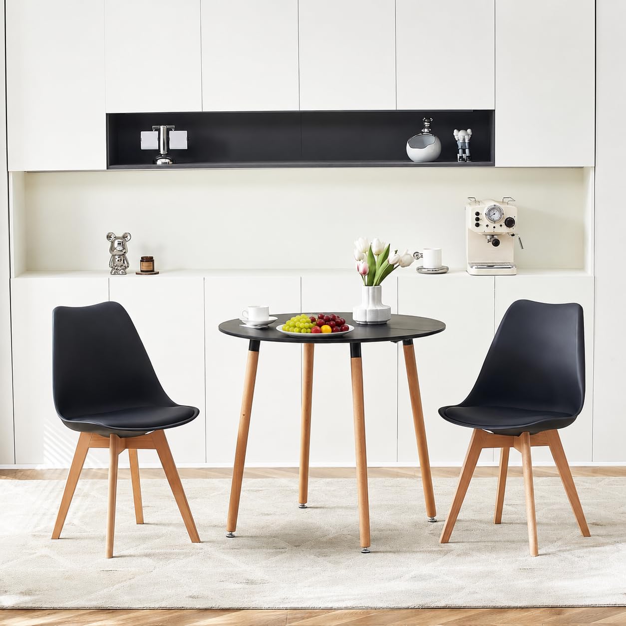 H.J WeDoo Ensemble Table et 2 Chaises Salle à Manger Moderne, Table de Cuisine Ronde en MDF pour 2-4 Personnes, Noir