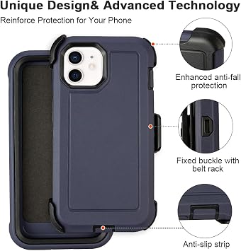 iPhone 12用 ベルトクリップ付きケース - 頑丈な保護 高耐久 | 携帯電話カバー ホルダー付き、滑り止めグリップ&防塵 - クリップ付き耐衝撃iPhone 12ケース アウトドア用 ネイビーブルー