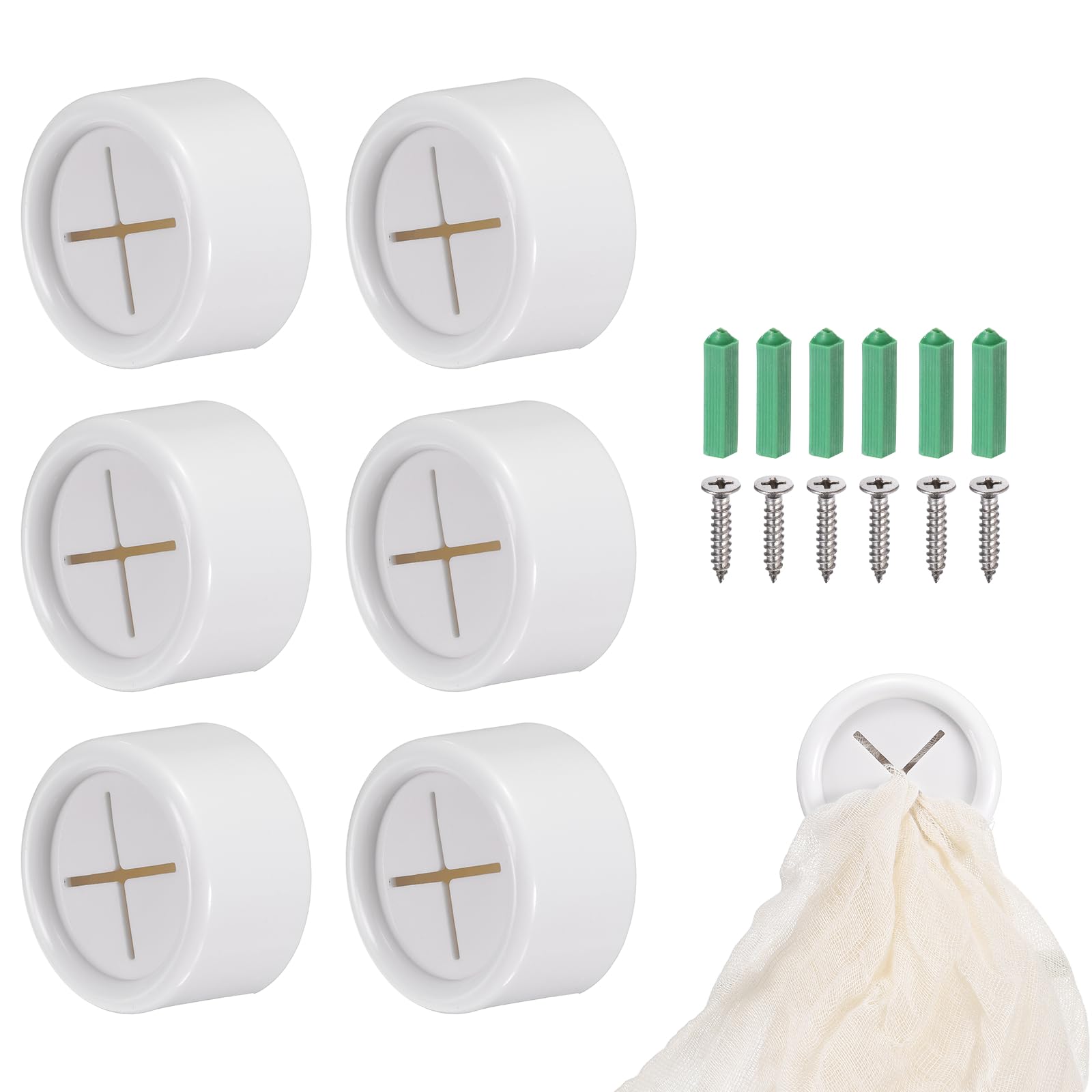 sourcing map 6 Pcs Push Towel Hooks, Round Adhesive Dish Towel Hook with Wall Plug Wall Mount Hand Towel Holder for Kitchen, Bathroom, Hand and Dish Towels, White