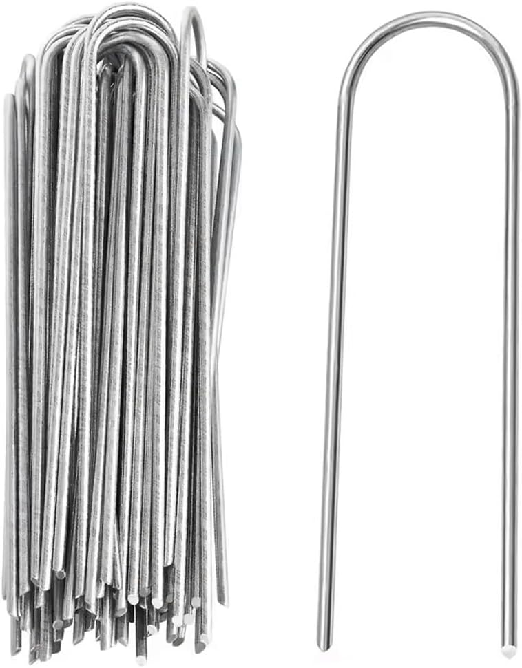 U-Type Garden Staples Heavy Duty Galvanized Steel Landscape Spikes for Securing Greenhouse Cloth and Sod, 100 Pack Fence Anchors (6 Inch)
