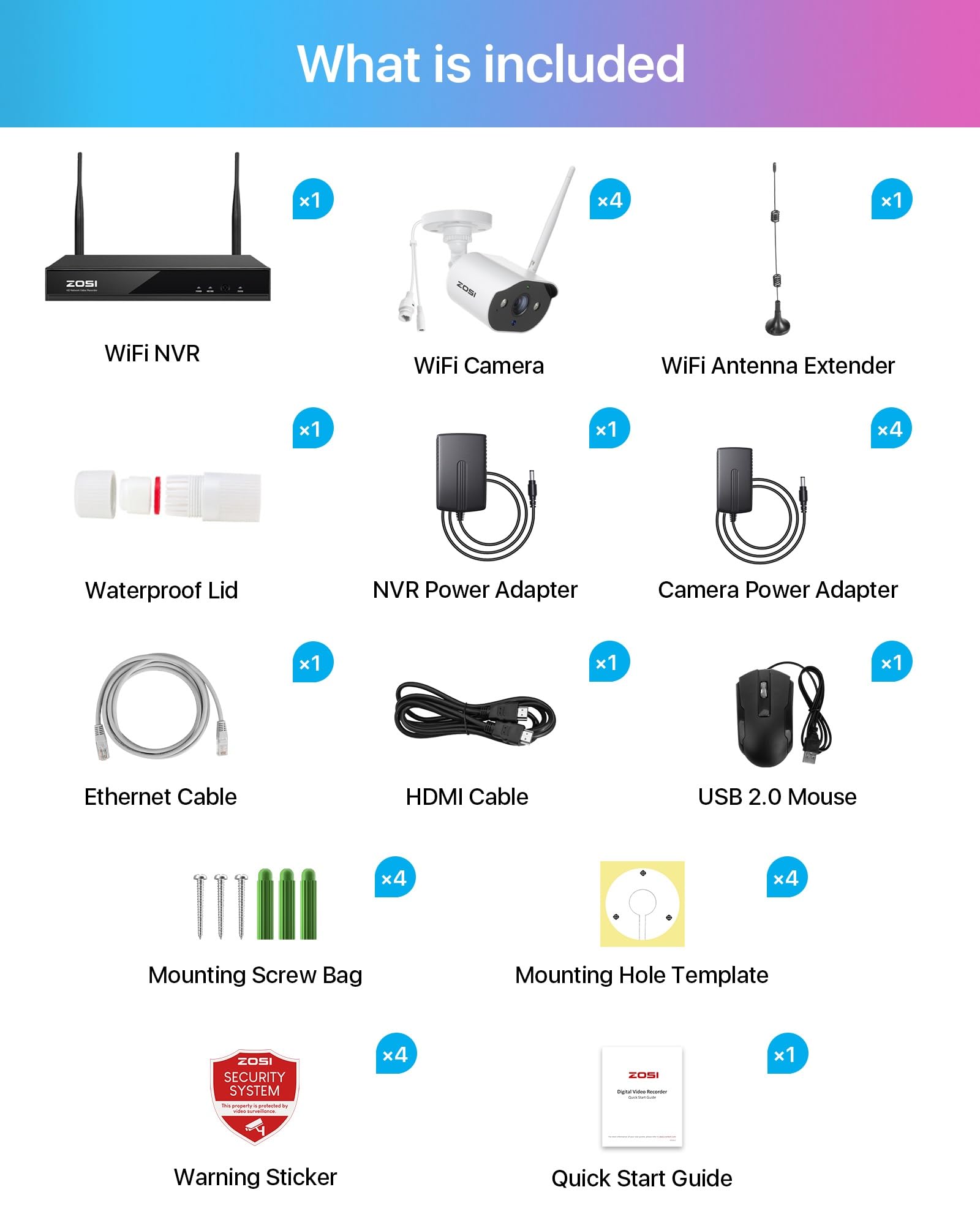 ZOSI 2K Kit Vidéo Surveillance Extérieur WiFi avec 4 Caméras IP WiFi 3MP, Audio Bidirectionnel, Alarme Projecteur, Vision Nocturne en Couleur, Étanche IP66, sans Disque Dur Inclus