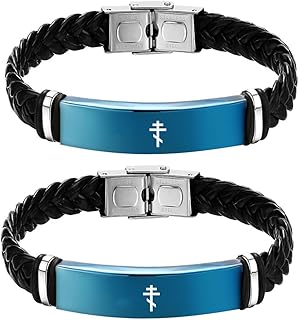 Russian Orthodox Cross Braided Leather Bracelet, Crucifix Crosses Cuff Bangle Religious Russia Ukraine Faith Reminder Jewelry Christian Gifts for Church Communion, 8.26''
