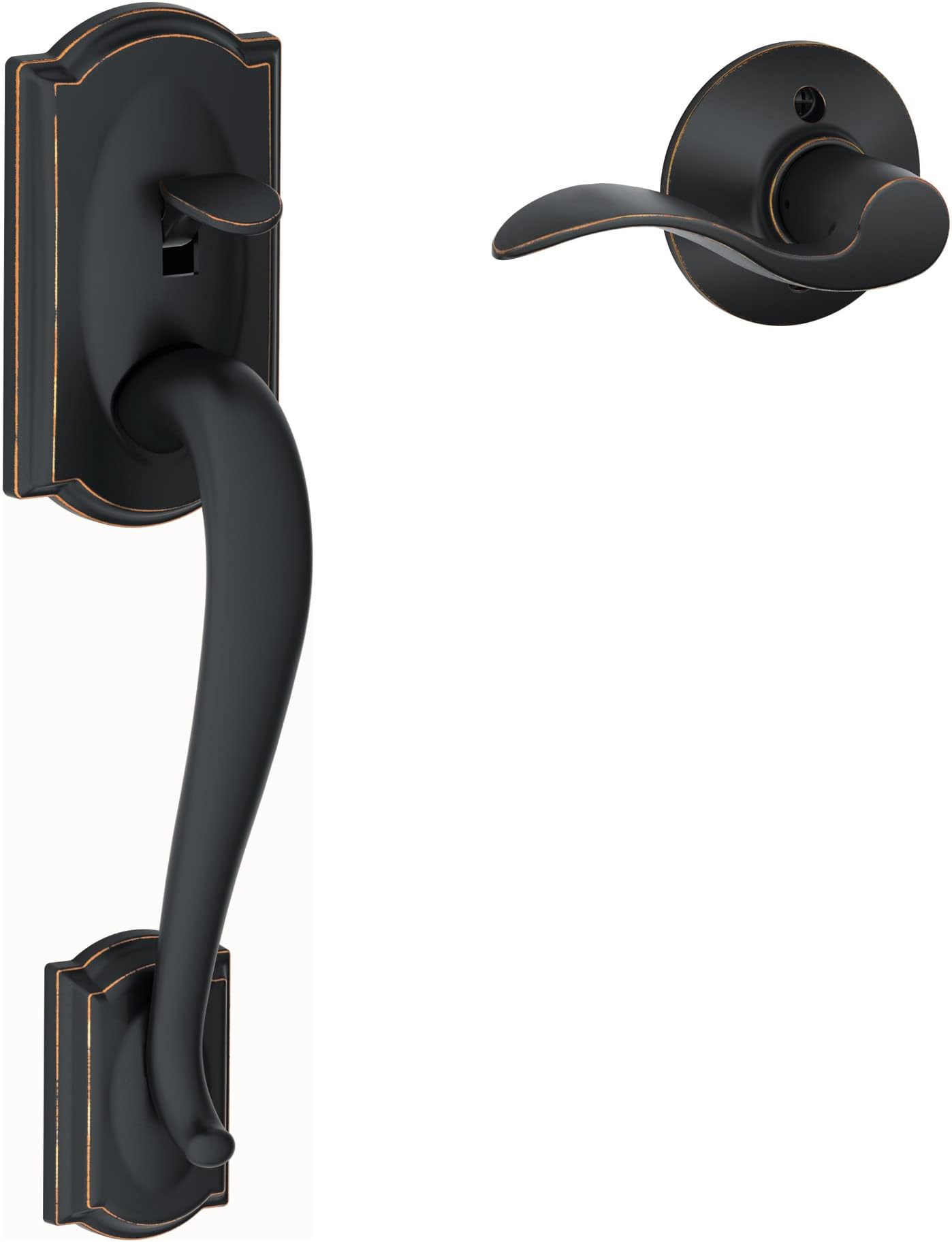 FE285 CAM 716 ACC RH Camelot Front Entry Handleset with Right-Handed Accent Lever, Lower Half Grip, Aged Bronze, Standard Interior Trim