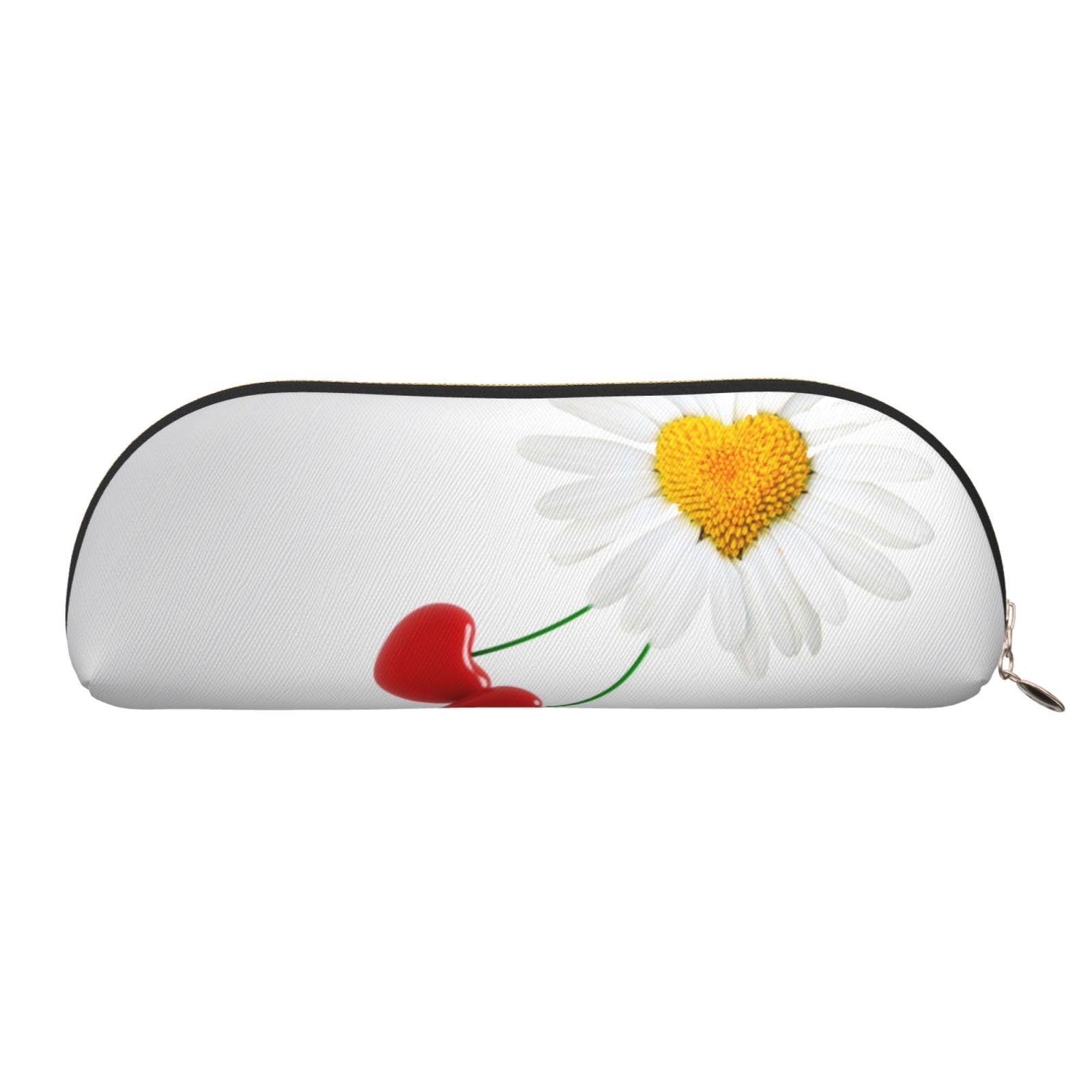 QGGHNISD Daisy Heart Love Romance Half Round Organiser - Compact and Portable Leather Cosmetic Bag with Metal Zip Pen Pouch, Suitable for Students Or Office Use