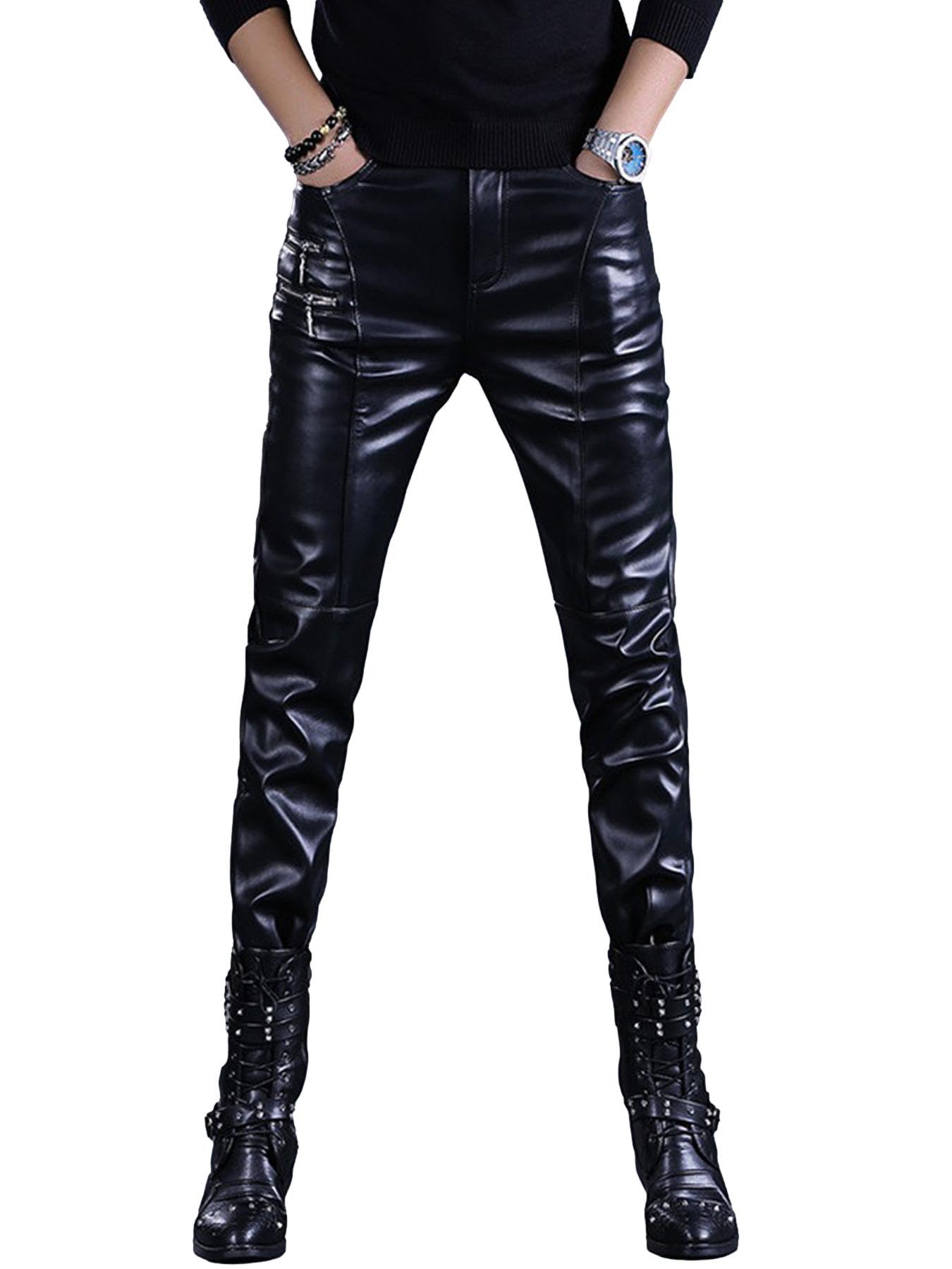 Idopy Pantaloni da uomo in pelle sintetica con cerniera, stile rock, stile steampunk, slim fit, nero, 54