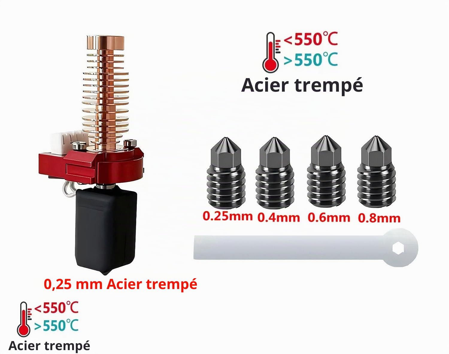 Hotend Kit Hotend pour imprimante 3D Flashforge Adventurer 5M/5M Pro avec buses en acier trempé de 0,25, 0,4, 0,6 et 0,8 mm
