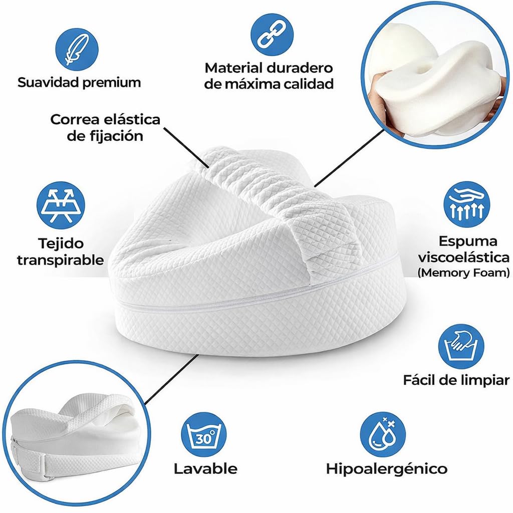 HYDROGELIX Cojín para Dormir Entre Las Piernas Viscoelástico – Almohada Ortopédica para Rodillas y Cadera, Alivio Dolor Espalda y Ciática, Ideal para Dormir de Lado y Embarazo - 3
