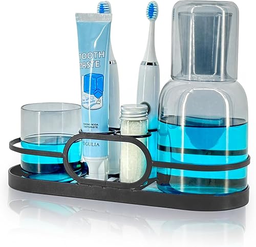 Juego de dispensador de enjuague bucal de vidrio, soporte para cepillos de dientes de acero inoxidable con botella de enjuague bucal de 27 onzas,