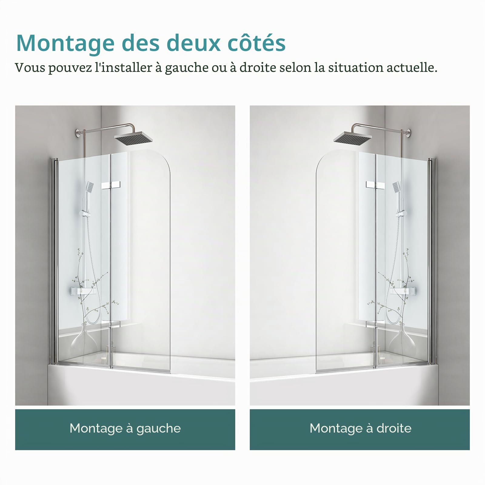 EMKE Paroi de douche pour baignoire, 100 x 140 cm, en 2 parties, pliable, en verre de sécurité, 6 mm, paroi de douche pour baignoire