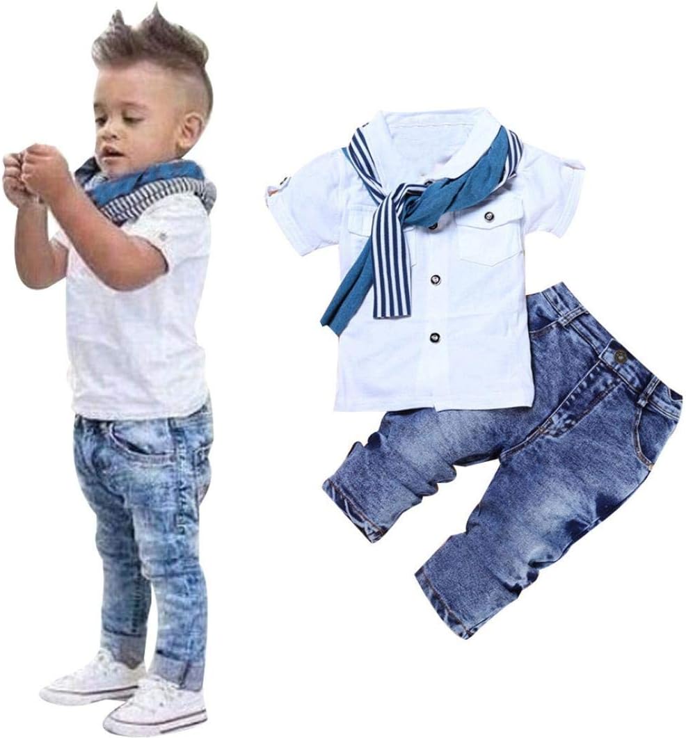 Ritatte Toddler Baby Boys Denim Outfits Short Sleeve Shirts+ Jeans Pants + Scarf 3Pcs Set Kids Casual Summer Clothes 1-6Y(White, 18-24Months)