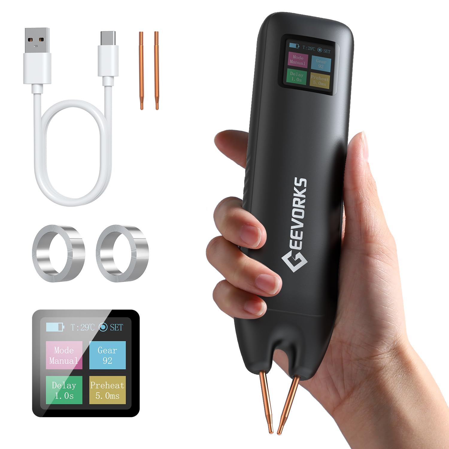 Geevorks Soldador por Puntos de Batería Portátil,Mini Spot Welder,Modos Automáticos Y Manuales,99 Velocidades Ajustables,con Pantalla a Color de 1,3 Pulgadas, Protección de Control de Temperatura