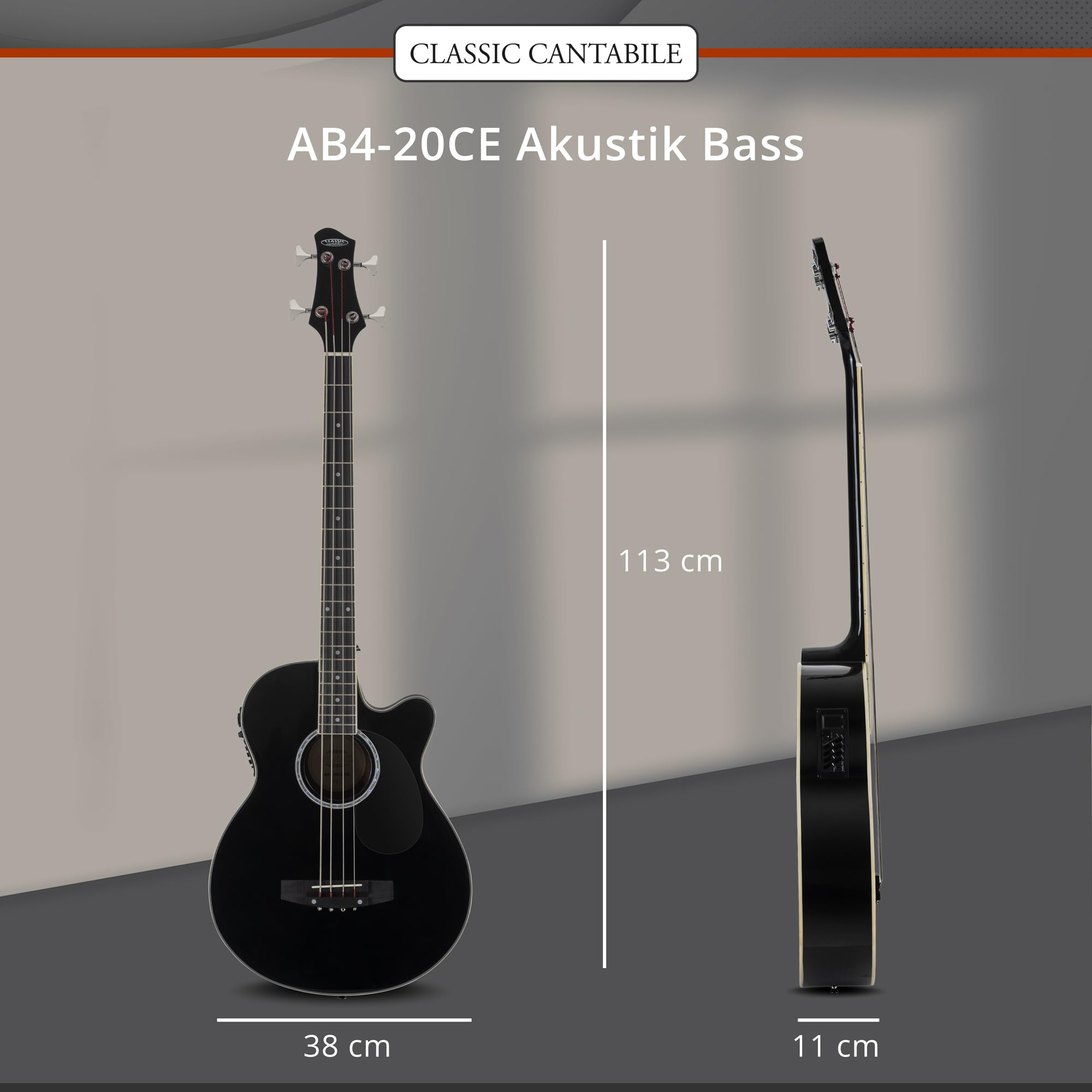 Classic Cantabile Short Scale Akustik Bass - 4 Saiten - Black Gloss Finish - Piezo Tonabnehmer & Cutaway - Decke aus Fichte - Boden & Zarge aus Okoume - Ideal für Einsteiger & Unplugged Sessions