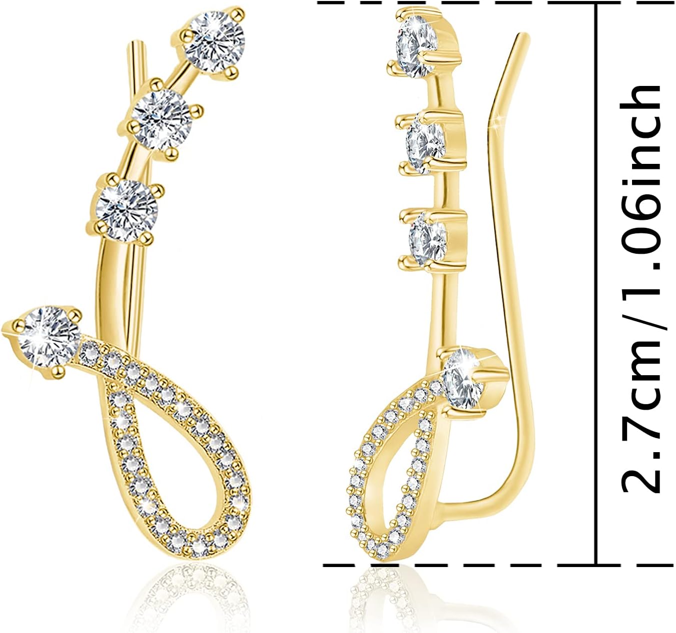Cubic Zirconia Ear Climber Earrings - Sterling Silver Hypoallergenic Ear Crawler Earrings CZ Ear Cuff for Women,Gold - Image 7