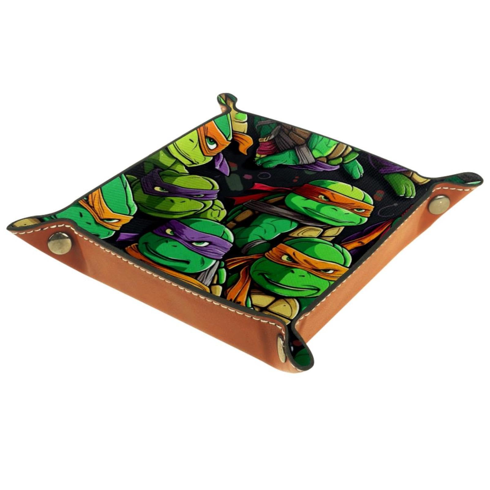 Abstract Cartoon Turtle Thick PU Brown Leather Valet Catchall Organizer, Stylish Jewelry Box and Key Tray, 20.5x20.5cm, snh-001