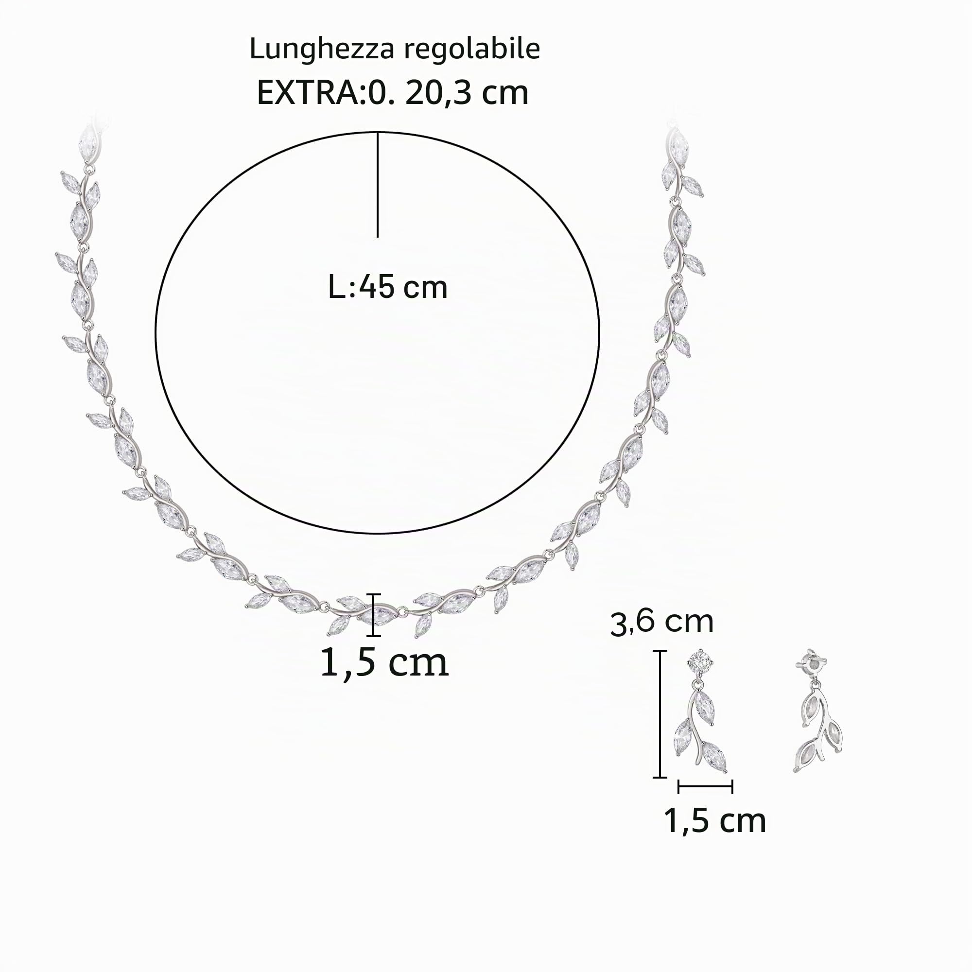 Set di gioielli con zirconi e collana a forma di foglia e orecchini pendenti da donna, set di gioielli da sposa alla moda