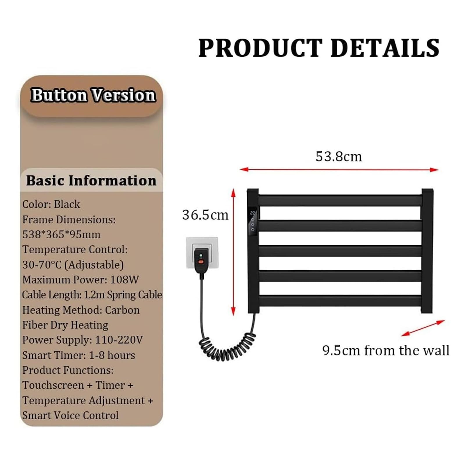 Elektrischer Handtuchhalter Wandmontage Fünf Bar Aluminium Heizung Timer | Mehrstufige Temperaturanpassung Warme Handtücher Badezimmer Gäste WC Wellnessbereich Sauna Spa Hotel(Weiß,Left Exit)