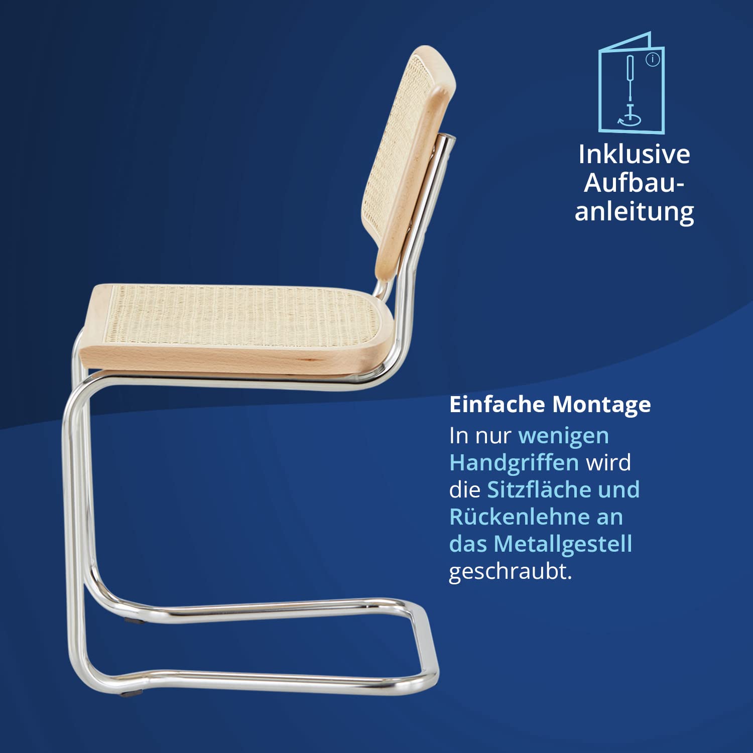 KHG 4er-Set Schwingstuhl Freischwinger Chrom Made in Italy, für Esszimmer | Rückenlehne und Sitzfläche aus Massivholz Buche und Rattan, Esszimmerstuhl, Küchenstuhl Designstuhl mit Wiener Geflecht