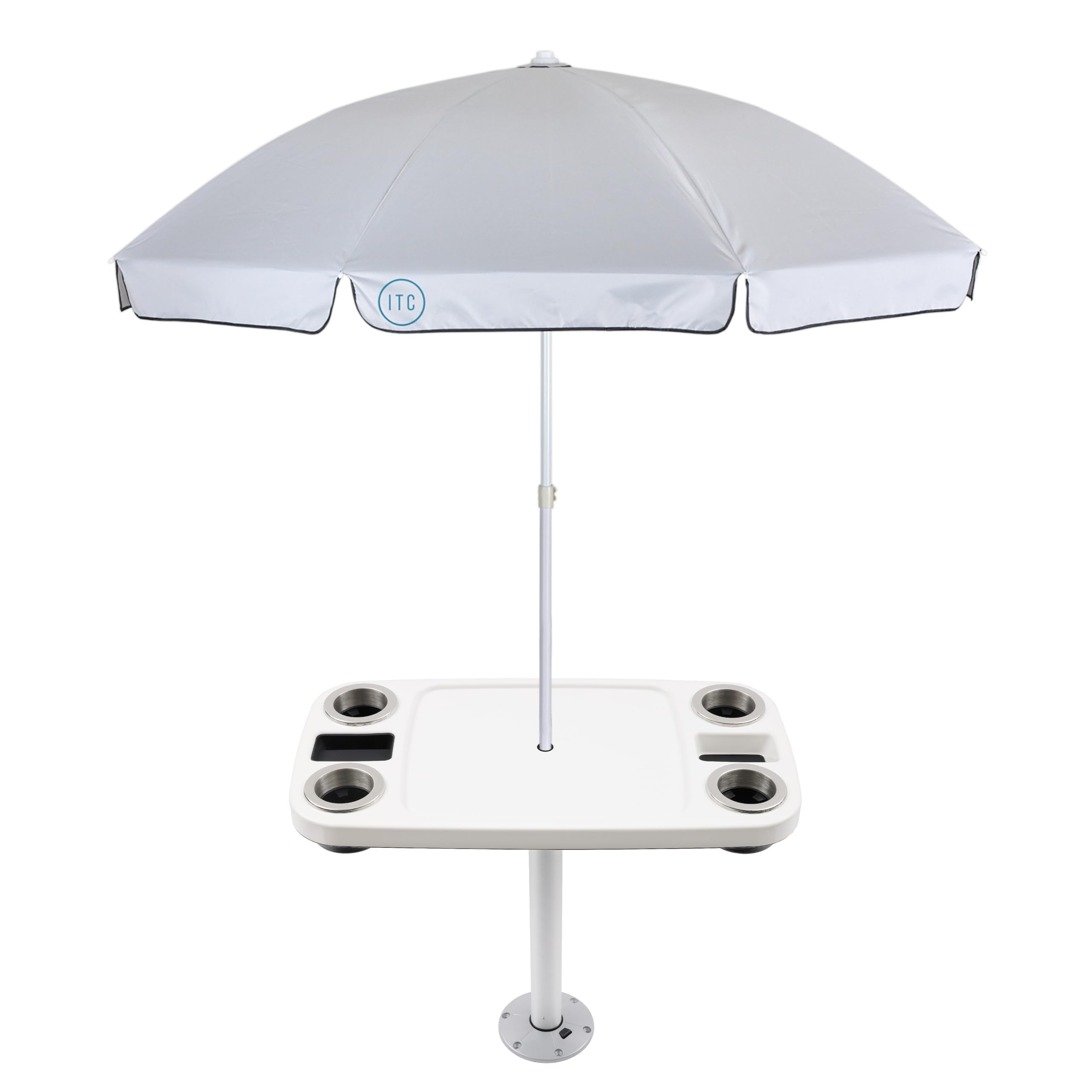 Manufacturers' Select ITC Boat Table w/Tilting and Adjustable Height Umbrella Set - Large Top, Pedestal Leg, 4 Large Drink Holders, 2 Phone Slots (