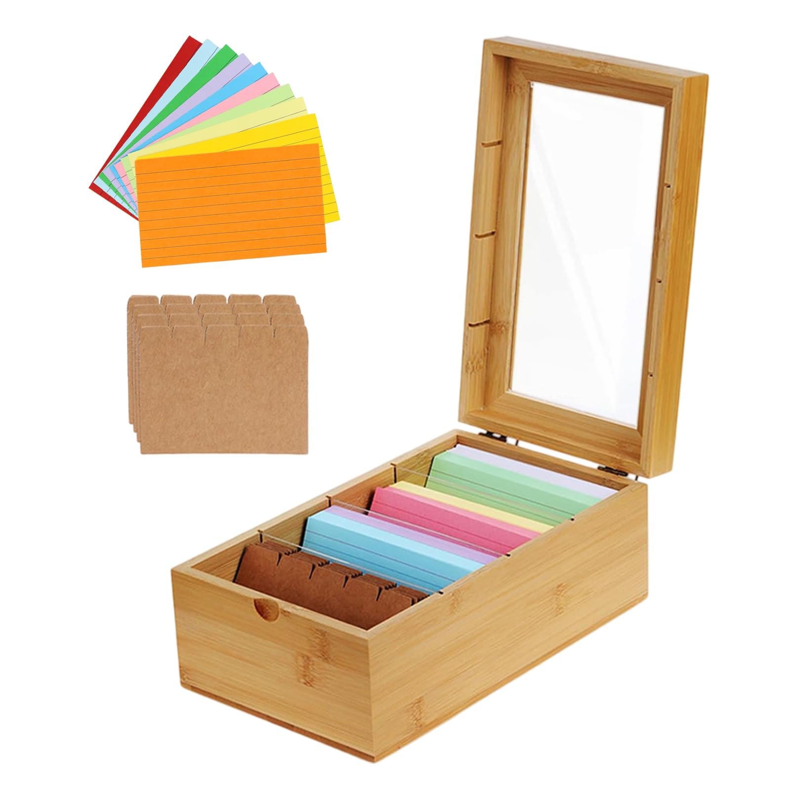 BAIFULAI Cajas de madera para tarjetas A7, 25,4 x 15 x 10 cm, con tapa, con 300 tarjetas de aprendizaje, fichas de vocabulario, caja de madera para oficina, escuelas y hogares