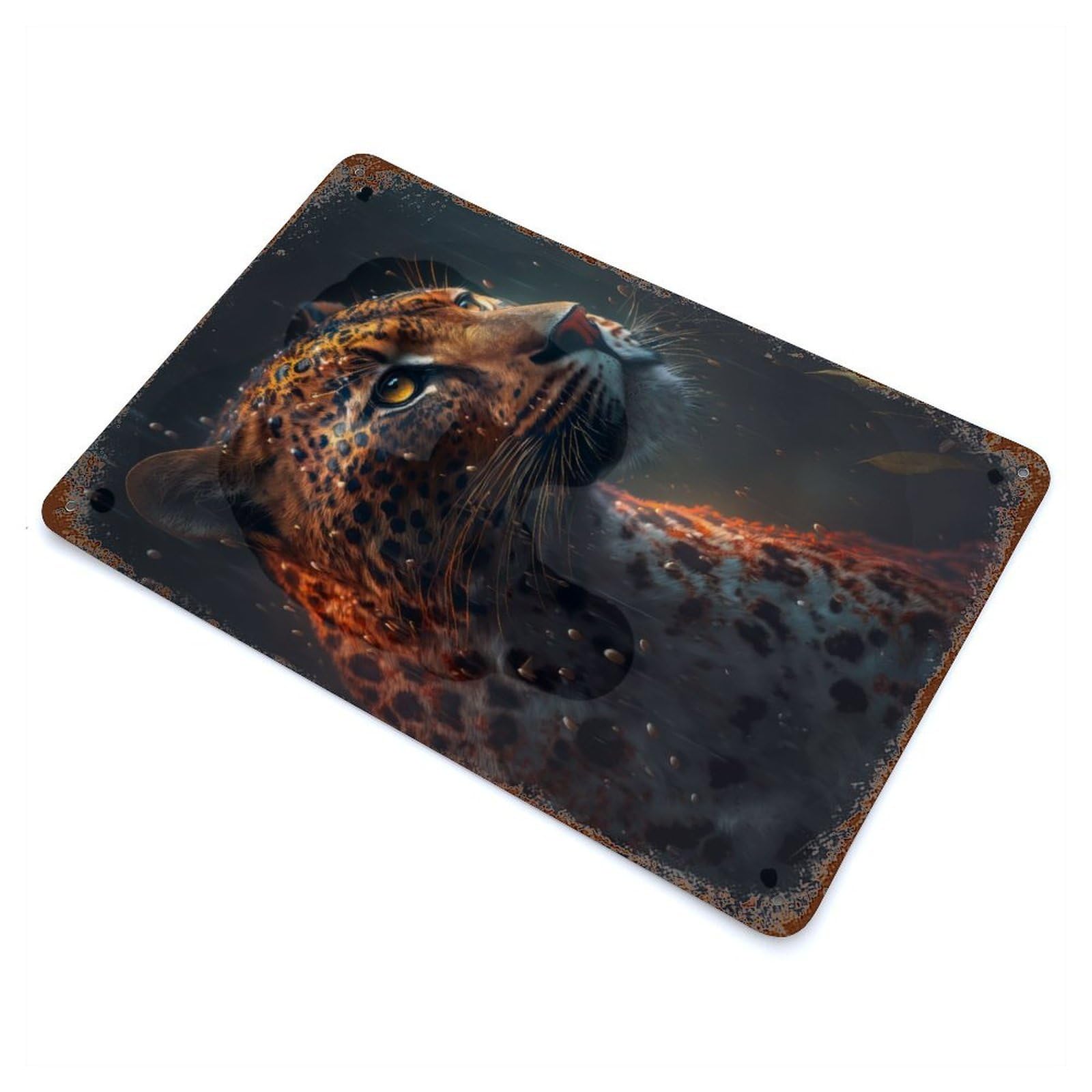 Leopard Rain Vintage Rust Metal Sign 11.8"x7.9", for Pub, Kitchen And Man Cave Decor, Rustic Home Decor