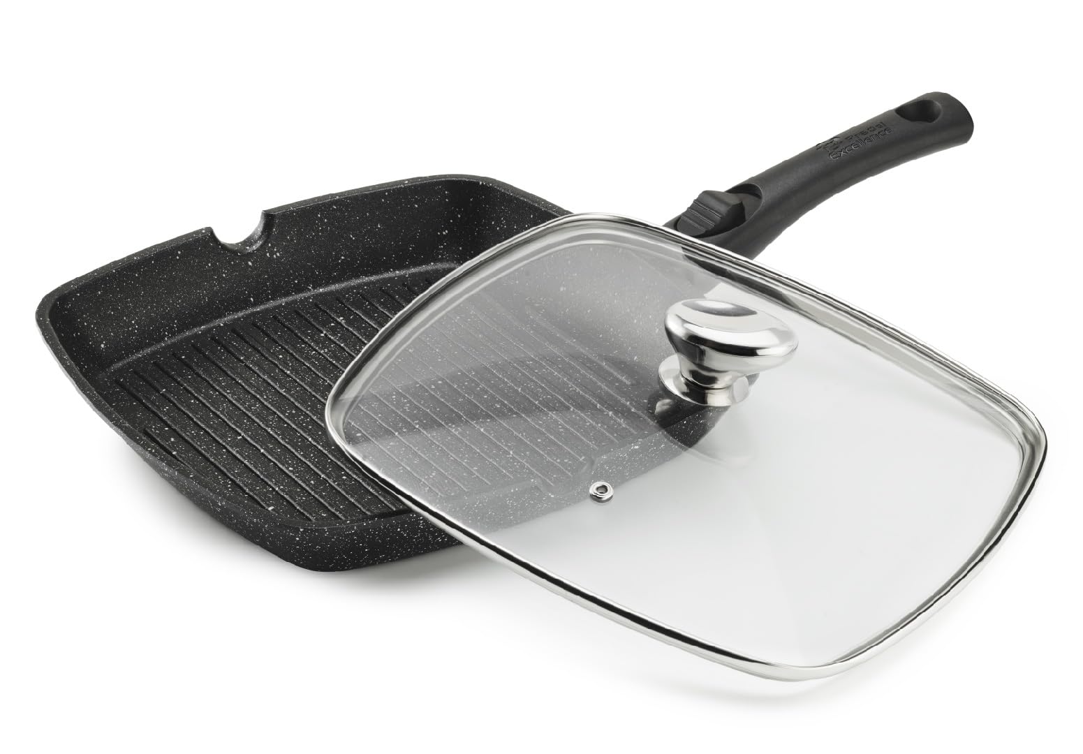 Pradel Excellence - PCUI001022 - Poêle Grill en Fonte d'Aluminium 28x28cm, Couvercle Verre - Revêtement Anti-Adhésif Façon Pierre - Manche Amovible - Tout Feu, Noir