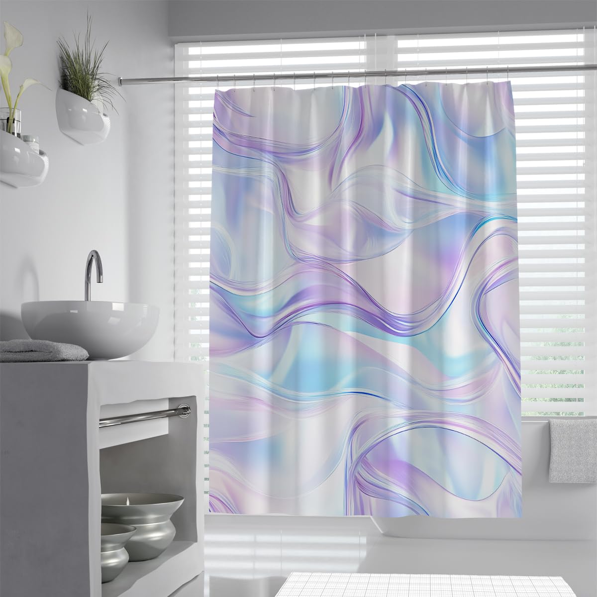 UIRINGART Iridescent Marble Swirl Shower Curtain W90xL180cm Modern Abstract Geometric Fluid Lines Pattern Water Repellent Quick Dry Walk In Bathroom Screen With Hook