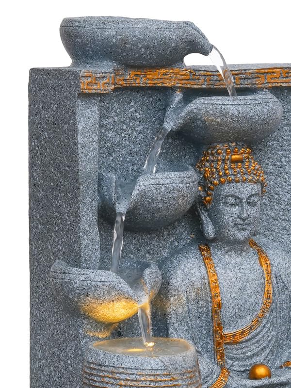 Image of Polyresin Grey Meditating Buddha Tabletop Indoor 4 Diya Steps Water Fountain for Home Decor with Yellow LED Light & Speed Controller Pump (Size: 40 x 29.5 x 22CM | Wt: 2685grm)