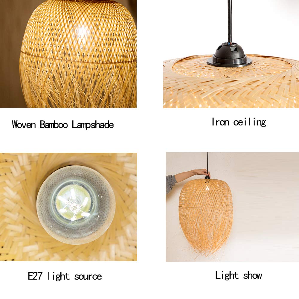 Bambusowa lampa wisząca w stylu vintage, pleciona, ręcznie wykonana, rattanowa, kreatywna lampa z regulacją wysokości, gniazdo E27, do restauracji, pijalni herbaty, kawiarni, do salonu, 62 x 45 cm