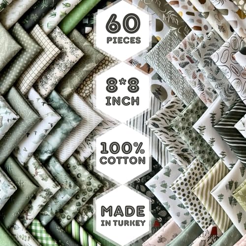 Botanical Patchwork Cotton Fabric Set – 60 Pre-Cut Squares, 20×20 cm (8×8 inch), 100% Cotton 140 GSM, Eco-Friendly Digital Print, Made in Türkiye